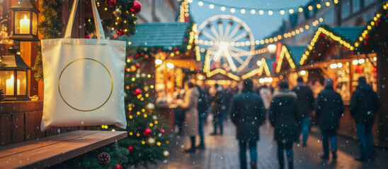 Obraz premium tote bag mockup hanging in snowy christmas market background