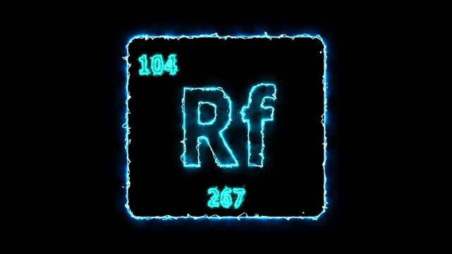 Rutherfordium - periodic table element symbol hologram, chemical element Periodic Table, atomic weight element number ,glowing on black background in 4K.