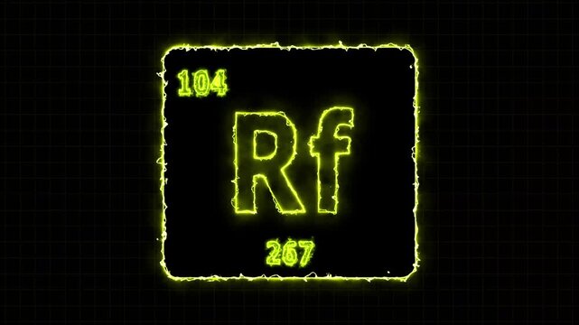 Rutherfordium - periodic table element symbol hologram, chemical element Periodic Table, atomic weight element number ,glowing on black background in 4K.