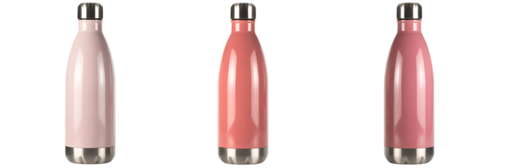 Set of pink colour stainless steel bottle isolated on a transparent background 
