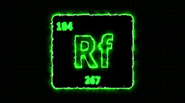 Rutherfordium - periodic table element symbol hologram, chemical element Periodic Table, atomic weight element number ,glowing on black background in 4K.