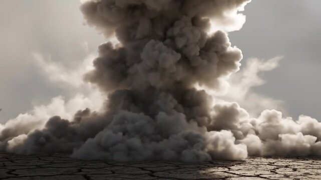 Epic explosion creating a large mushroom cloud with smoke rising on cracked earth backdrop against a bright sky