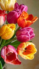 Vibrant bouquet of tulips in shades of yellow, pink and orange