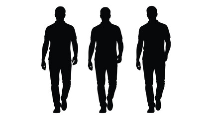 Three men walking forward depicted as dark shapes against a plain background silhouette