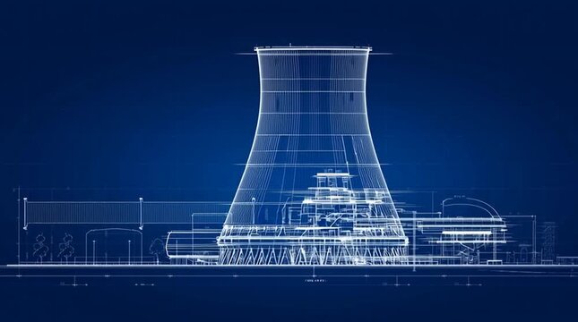 Minimalist architectural blueprint-style diagram of a nuclear power plant with clean white linework on a dark blue background, presenting reactor systems in a clear technical layout.
