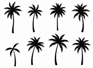 Black palm trees set isolated on white background. Palm silhouettes. Design of palm trees for posters, banners and promotional items. Vector illustration