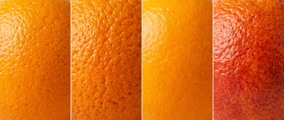 Close-up with different textures of peel of oranges 