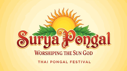 Obraz premium Surya pongal worshiping sun thai pongal festival vibrant logo design with sun leaves and stylized text