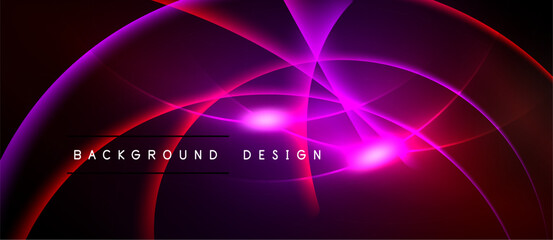 Abstract design features vibrant purple, red glows. Dynamic curves create futuristic, energetic visual impact. Text reads background design.