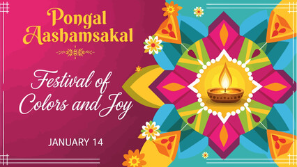 Pongal aashamsakal festival of colors and joy january 14 vibrant celebration with traditional rangoli and lit lamp design