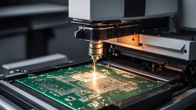 A machine works on a printed circuit board in a factory. It solders components onto the board. The process takes place in a modern manufacturing environment. The focus is on precision and efficiency