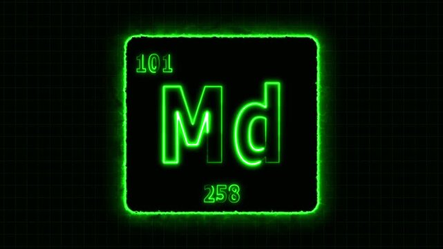 Mendelevium - periodic table element symbol hologram, chemical element Periodic Table, atomic weight element number ,glowing on black background in 4K.