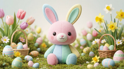 Obraz premium A toy bunny with colorful eggs in the field. Easter time