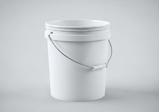 Blank white plastic pail with metal handle for product advertisement mockup. 5 gallon pail