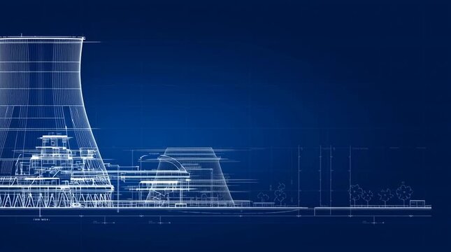 Minimalist architectural blueprint-style diagram of a nuclear power plant with clean white linework on a dark blue background, presenting reactor systems in a clear technical layout.
