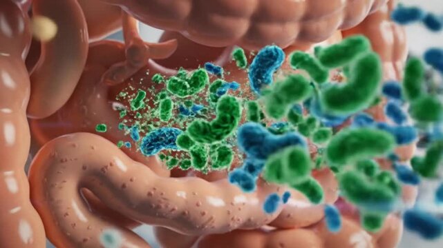 Visual animation of the human digestive system with a capsule releasing probiotics and beneficial bacteria for gut health