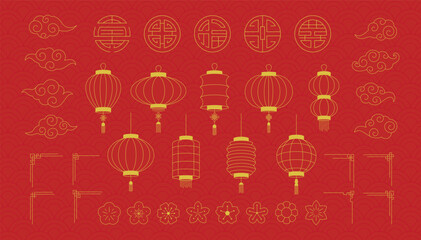 Chinese New Year Icons set. Chinese decorative elements set with lanterns, clouds, floral ornaments, lucky symbols and frames in elegant gold line style on red background. Vector illustration.