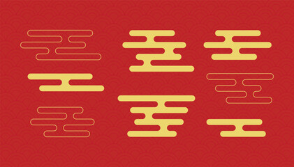Set of traditional Chinese cloud symbols in red and gold. Simple Chinese clouds isolated on red background. Vector illustration
