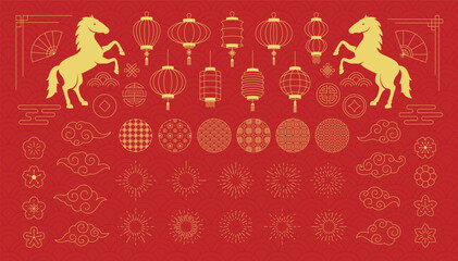 Vector Chinese New Year decorative elements set. Traditional Asian icons and symbols isolated on red background. Lanterns, clouds, ornaments, flowers icons for celebration, poster, banner design