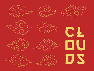 Traditional Asian Clouds icons. Line Chinese, Japanese clouds isolated on red background. Design elements for invitations, posters and banners. Vector illustration