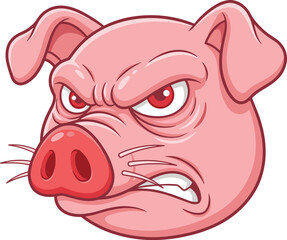 Cartoon angry pig head, pink complexion, intense expression, red eyes, bared teeth, aggressive snout, vector art, flat illustration, emotion