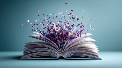 Science experiment setup with open book and confetti on aqua table