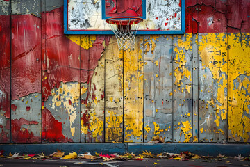 Urban basketball hoop against weathered multicolored wall for creative design