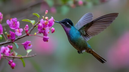Naklejka premium A hummingbird is perched on a pink flower. The bird is blue and black in color. Concept of tranquility and beauty, as the bird is surrounded by the delicate pink petals of the flower