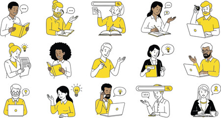 Diverse People Learning, Studying, and Sharing Ideas &ndash; Flat Line Illustration Set