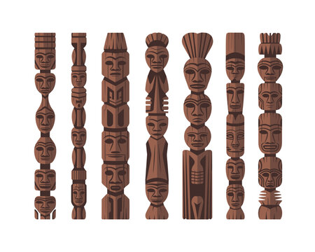 Collection of wooden carved totem pole figures