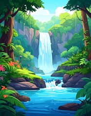 Vibrant cartoon illustration of a waterfall in lush, green jungle