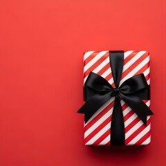 Obraz premium Red and white striped gift box with black bow on red background