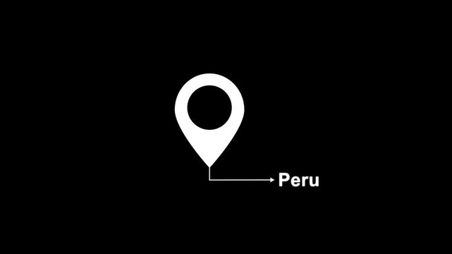 Abstract location of the city of Peru on black screen. The name of the place with the location icon animation. Country GPS location tracking icon. location pin appearing.