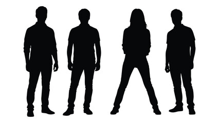 Four people standing side by side in a stark black outline silhouette