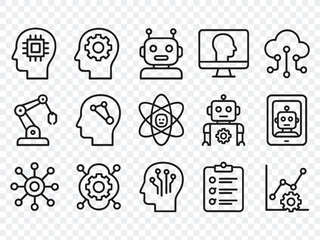 A comprehensive set of line icons representing artificial intelligence, technology, robotics, and data science concepts