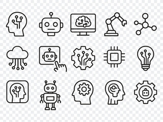 A comprehensive set of line icons representing artificial intelligence, technology, robotics, and data science concepts
