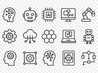 A comprehensive set of line icons representing artificial intelligence, technology, robotics, and data science concepts