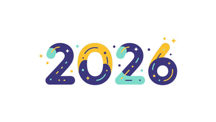 Colorful graphic illustration of '2026' with decorative elements and confetti on a white background, celebrating happy new year 2026.