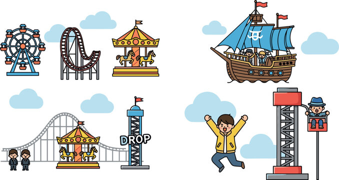 Amusement park and carnival ride vector illustration set including Ferris wheel, rollercoaster, carousel, Viking ship, and drop tower with happy visitors.