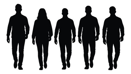 A group of five people walking forward depicted as a stark black silhouette