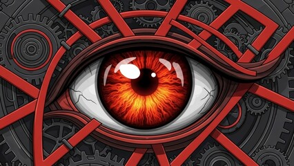 Intense Red Eye with Intricate Mechanical and Geometric Patterns, Symbolizing Surveillance and Inner Vision.