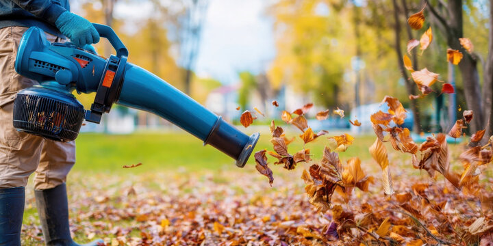 Worker using a leaf blower to clear fall leaves in a park