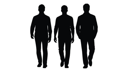 Three men standing in a row full body view stark contrast black and white silhouette