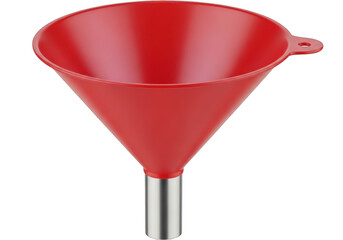 Red plastic funnel with metal spout isolated on transparent background