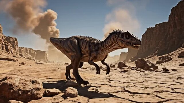 Ferocious Allosaurus Hunts in Desert Landscape Under Blue Sky, Ancient Beast of Prey Stalks Terrain
