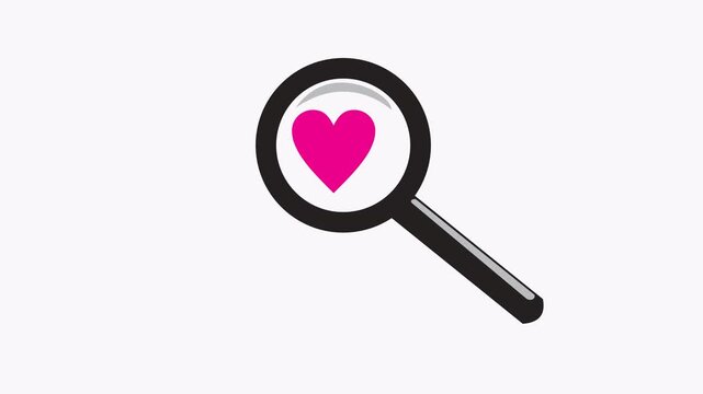 Black magnifying glass highlights pink heart. Suitable for love themes, relationships, health and medical concepts, and detective investigations.