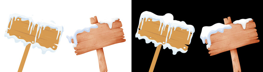 PNG image of&nbsp;Four wooden winter signs with thick snow and ice accumulation perfect for holiday announcements or rustic winter themes on transparent background