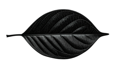 A monochrome leaf with prominent veins, set against a stark black background