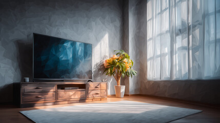 整えられたリビングで、テレビボードと壁掛けテレビに外光が当たっている現代的な生活空間の水彩ポリゴン