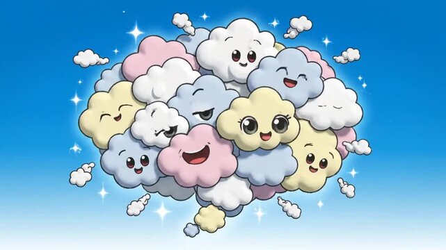 Cute cartoon clouds with faces talking, animated weather concept, pastel colors and happy expressions on blue sky background